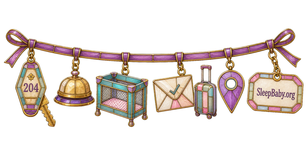 A hotel reservation charm strand moves from the room key and desk bell through the portable crib, route, suitcase, and backup tag.