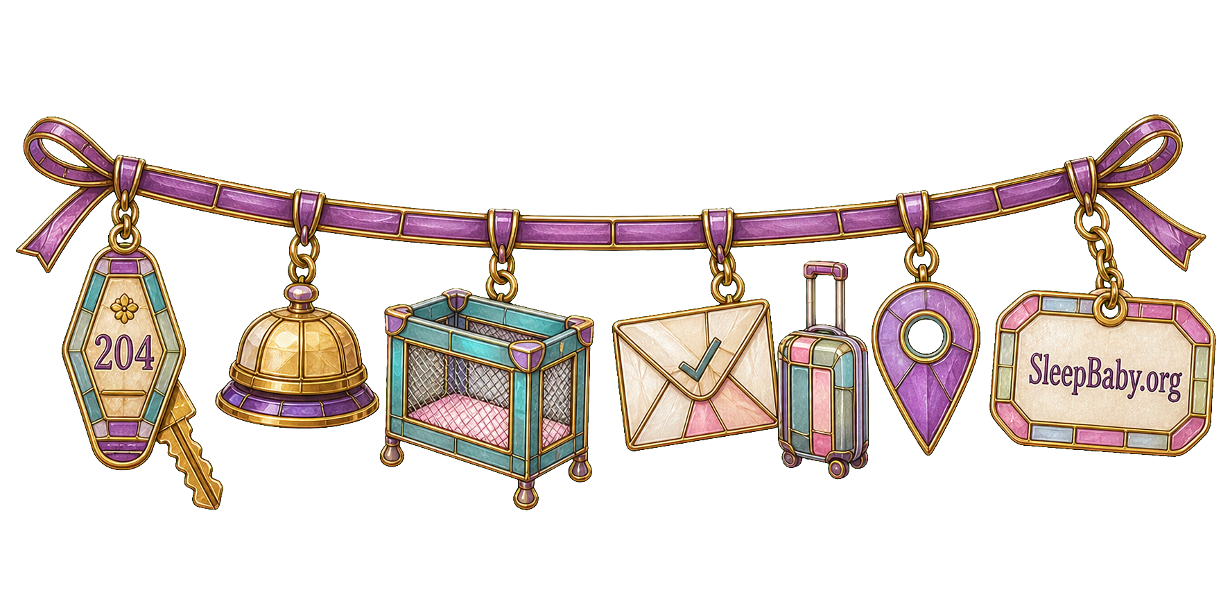A hotel reservation charm strand moves from the room key and desk bell through the portable crib, route, suitcase, and backup tag.