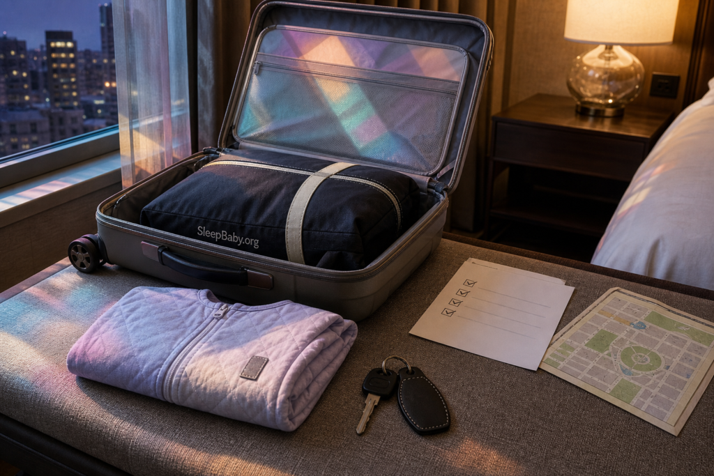 A known portable-crib bag, sleeper, checklist, keys, and route map turn a hotel reservation into a usable backup plan.