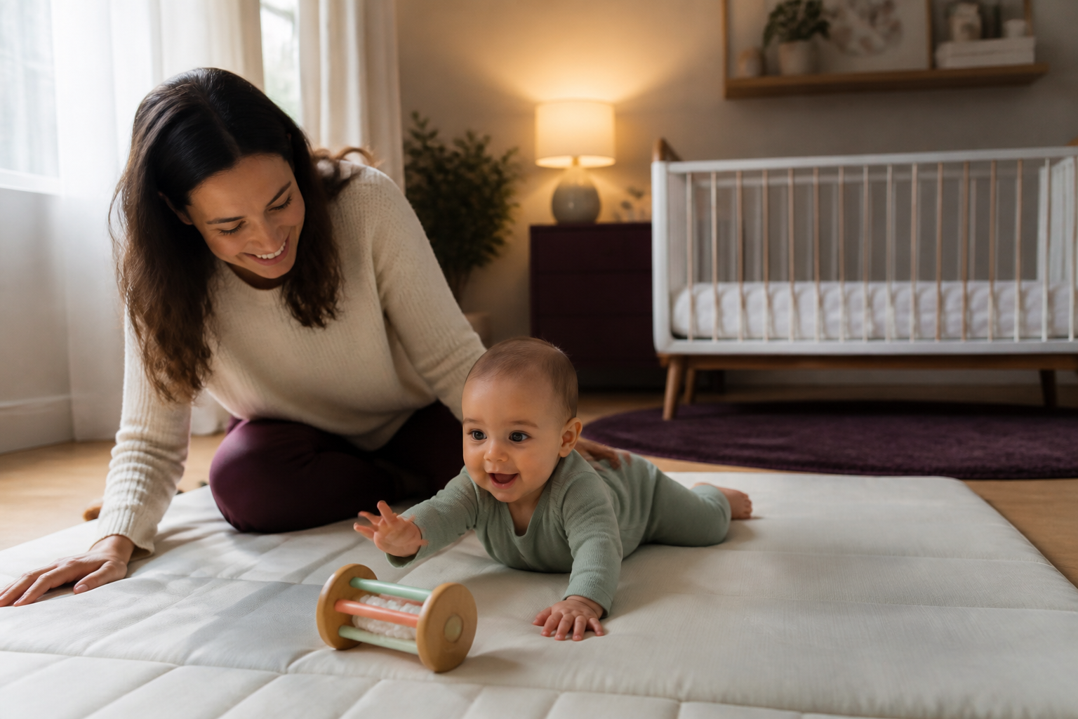 Alert baby reaches for a floor toy while a caregiver stays close and an empty crib signals the next sleep