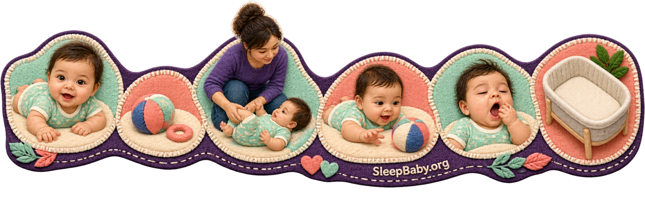 SleepBaby.org felt rail moves from alert supervised play through a changed position and tired cues to an empty bassinet