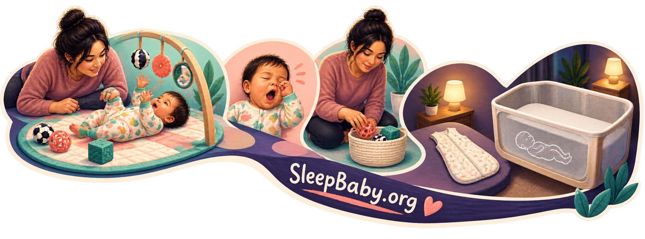 SleepBaby.org runway moves from supervised awake play through a yawn and toy cleanup to a bare empty bassinet
