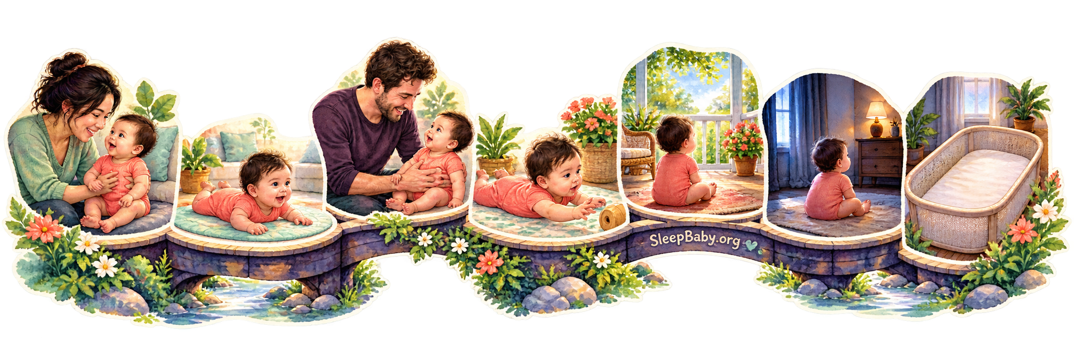 SleepBaby.org garden bridge changes caregiver, position, and room before ending at a calm empty bassinet