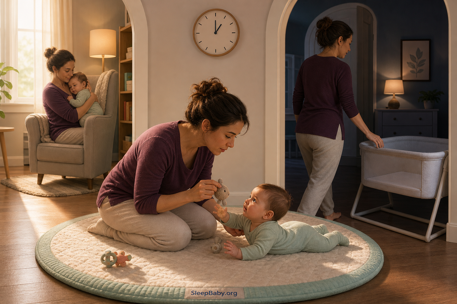 Caregiver reads an alert baby's cues across gentle play, quiet reset, and an earlier empty-bassinet path