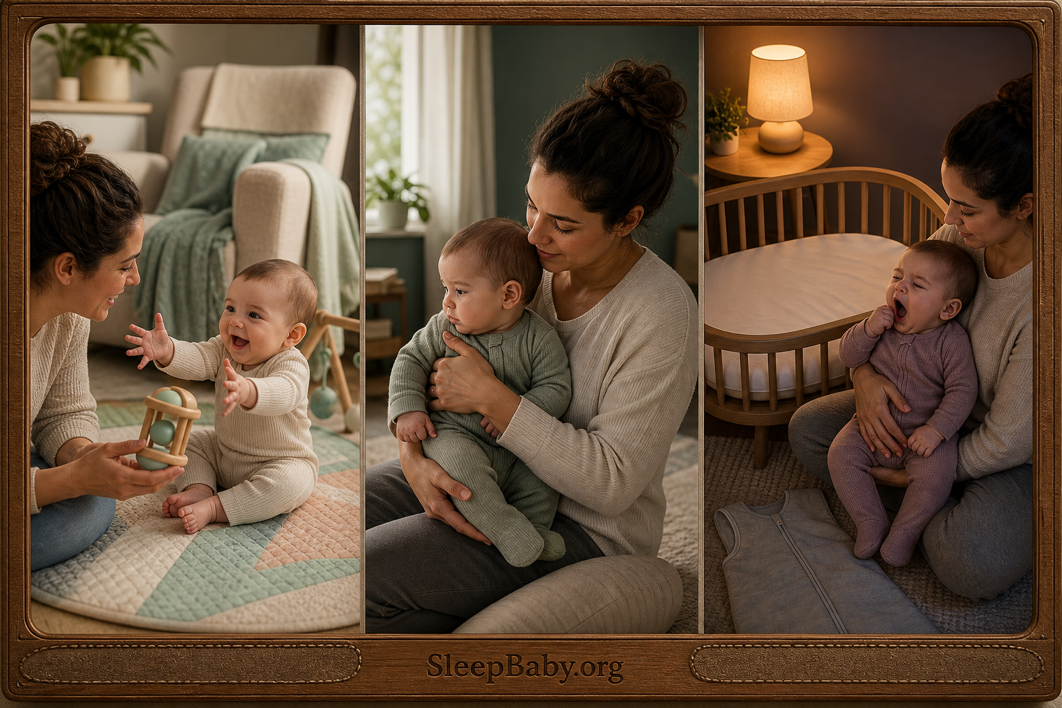 Three panels show engaged reaching, a quiet caregiver reset, and a yawn beside an empty crib
