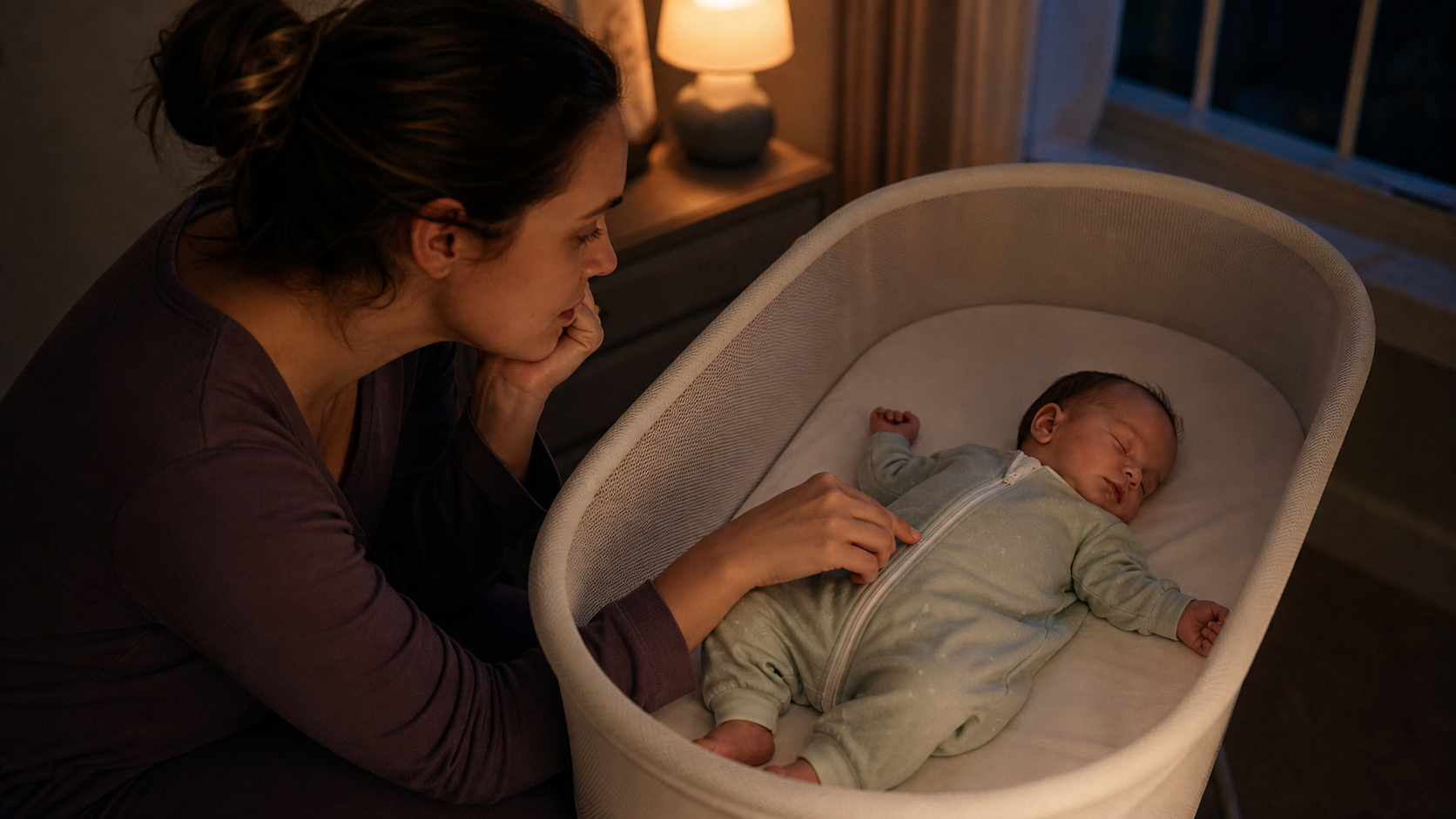 Caregiver pauses with a hand over a sleep-sack zipper while a baby sleeps safely on their back in an empty bassinet