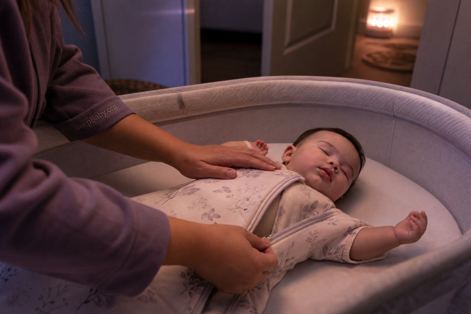Caregiver rests one hand on a baby and opens a floral sleep sack slightly as the baby begins a small stretch in an empty bassinet