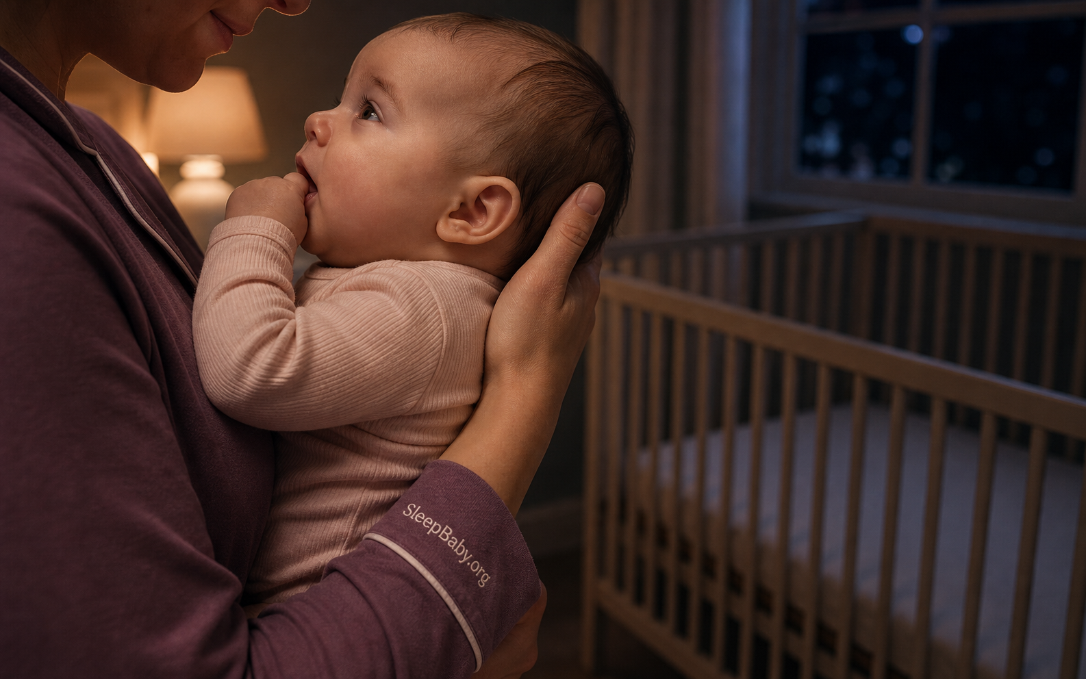Supported baby turns toward a caregiver with fingers near the mouth while a bare crib waits in the background