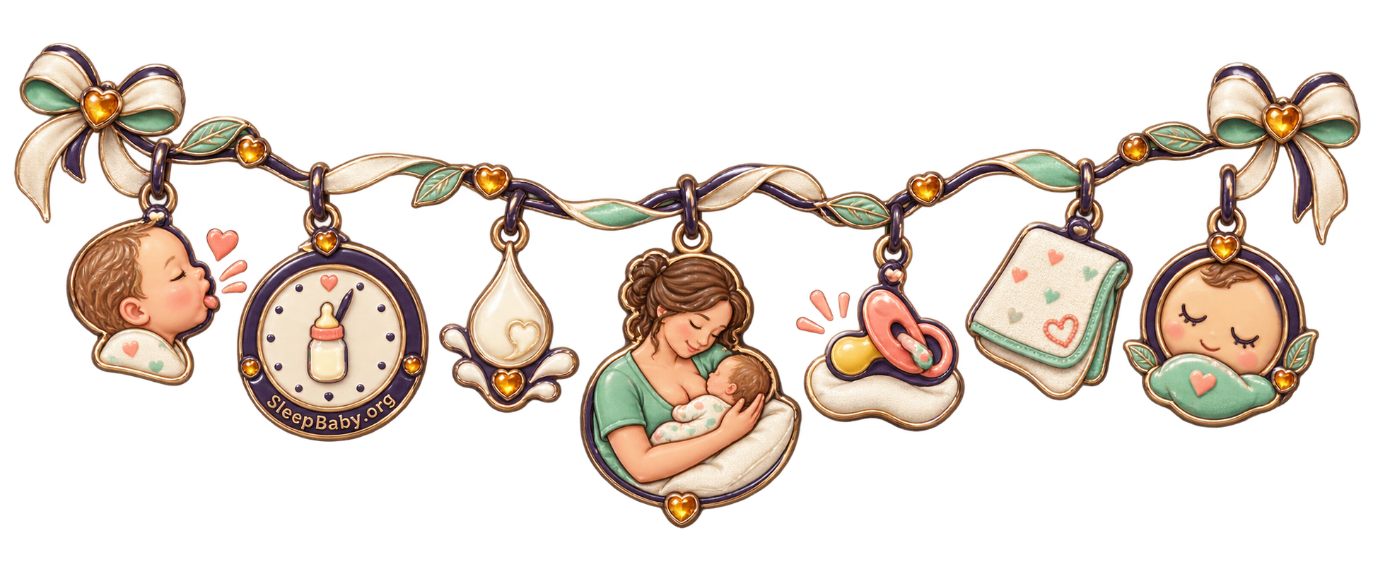 Charm ribbon showing rooting, a feeding clock, milk drop, caregiver feeding, a pacifier set aside, burp cloth, and sleepy face.