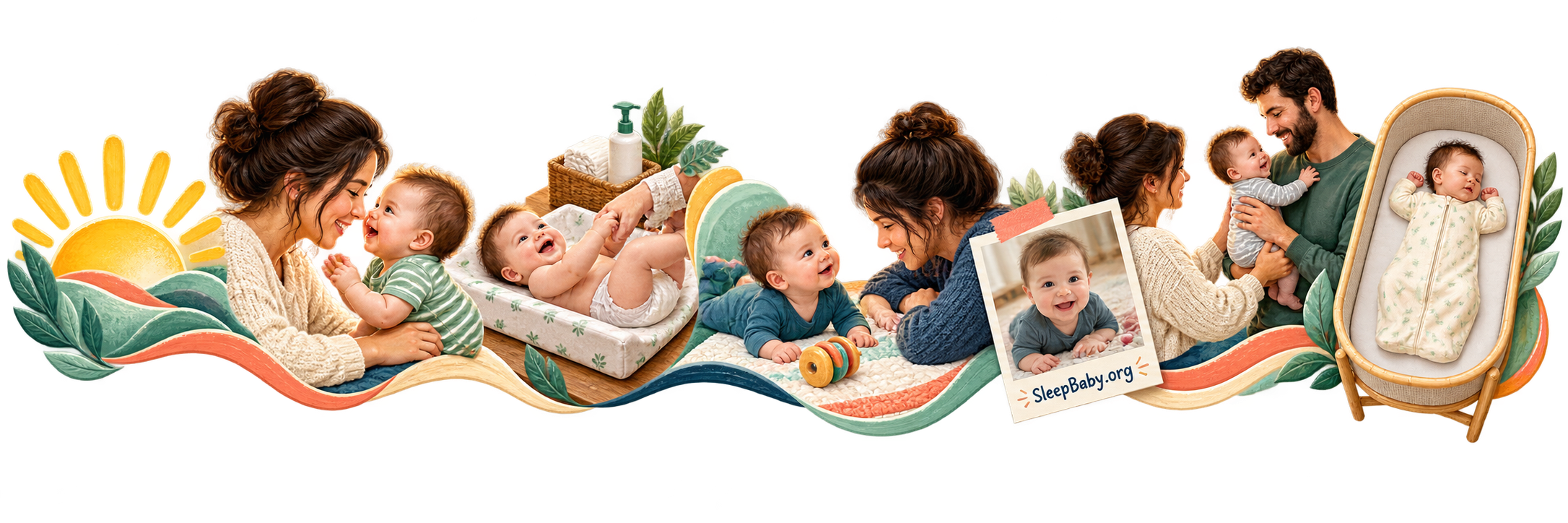 Editorial rail moving from a sunrise awake window through face-to-face care, play, a photo, handoff, and the next bare-bassinet sleep.