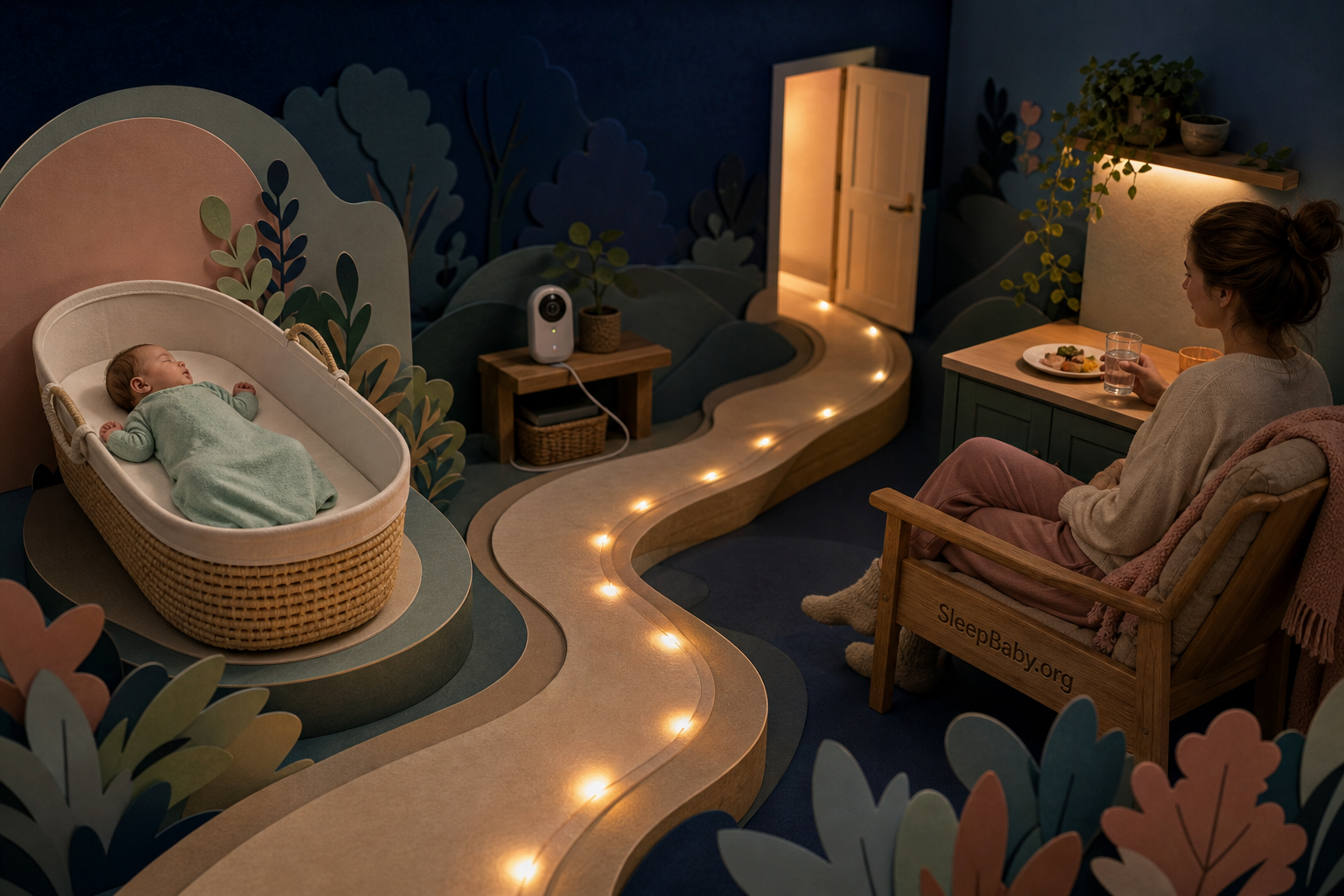 A curved nighttime path links a bare-bassinet safety check, a secured monitor plan, and water, food, and a chair for the caregiver.