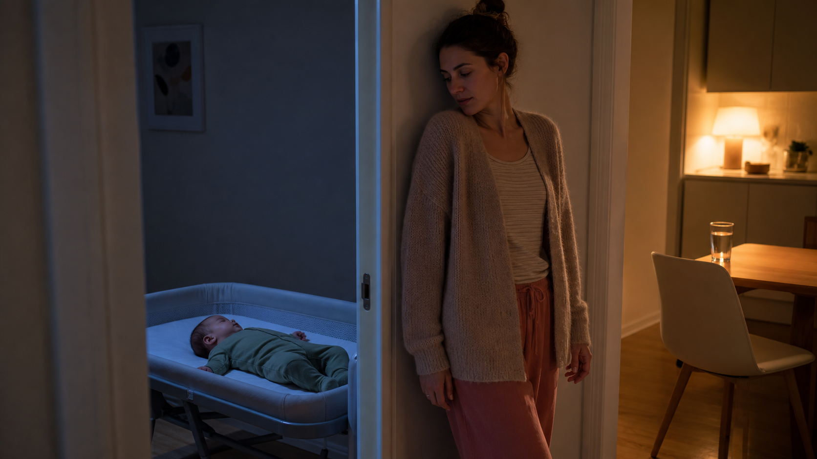 A parent pauses between a safely sleeping baby and a warm kitchen where a glass of water waits.