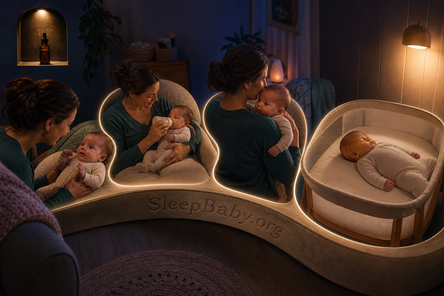 A glowing nighttime path moves from an awake response check through feeding and breathing observations to back sleep in an empty bassinet.