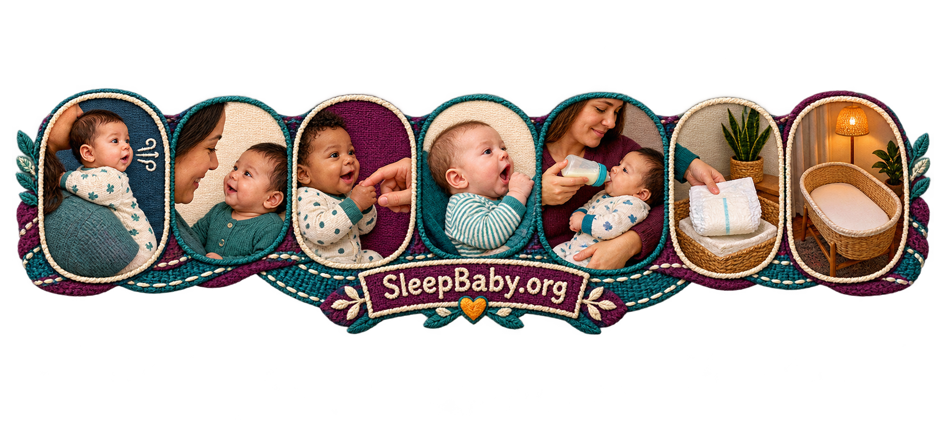 Plum and teal SleepBaby.org teaching ribbon showing an awake baby’s breathing, eye contact, touch response, feeding cue, wet diaper, and empty bassinet.