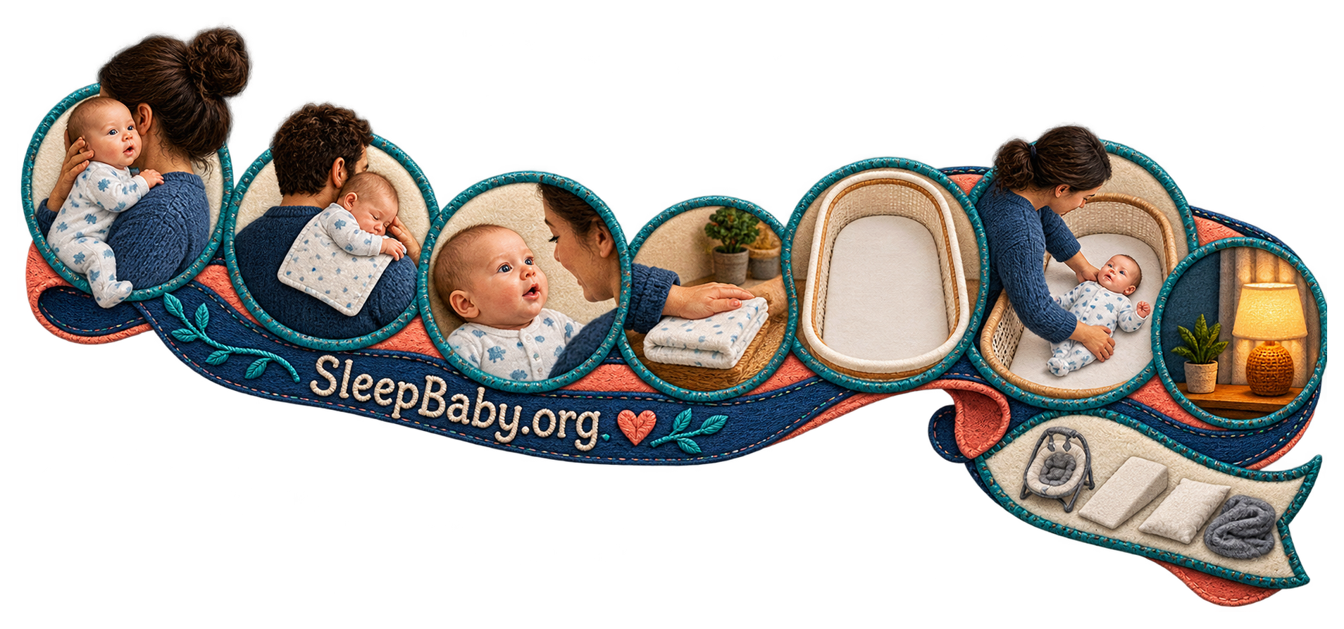 Indigo and coral SleepBaby.org teaching ribbon showing upright awake care, burping, response, a clear bassinet, back sleep, and a nightlight.