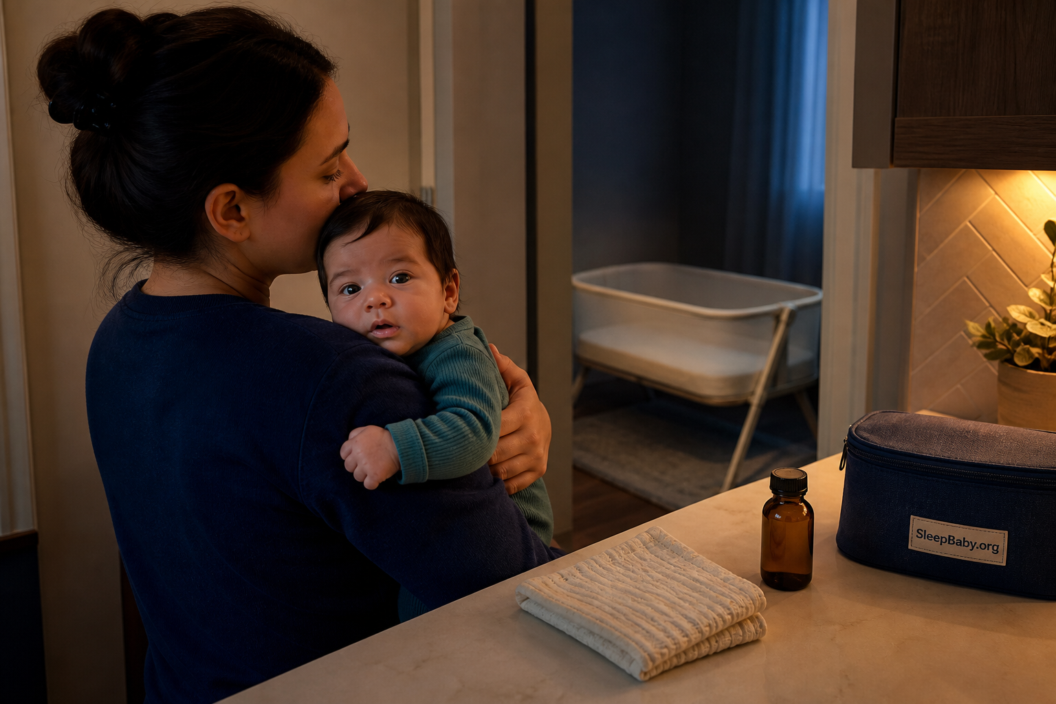 An awake baby rests upright on a caregiver’s shoulder beside a separate adult care counter and an empty bassinet.