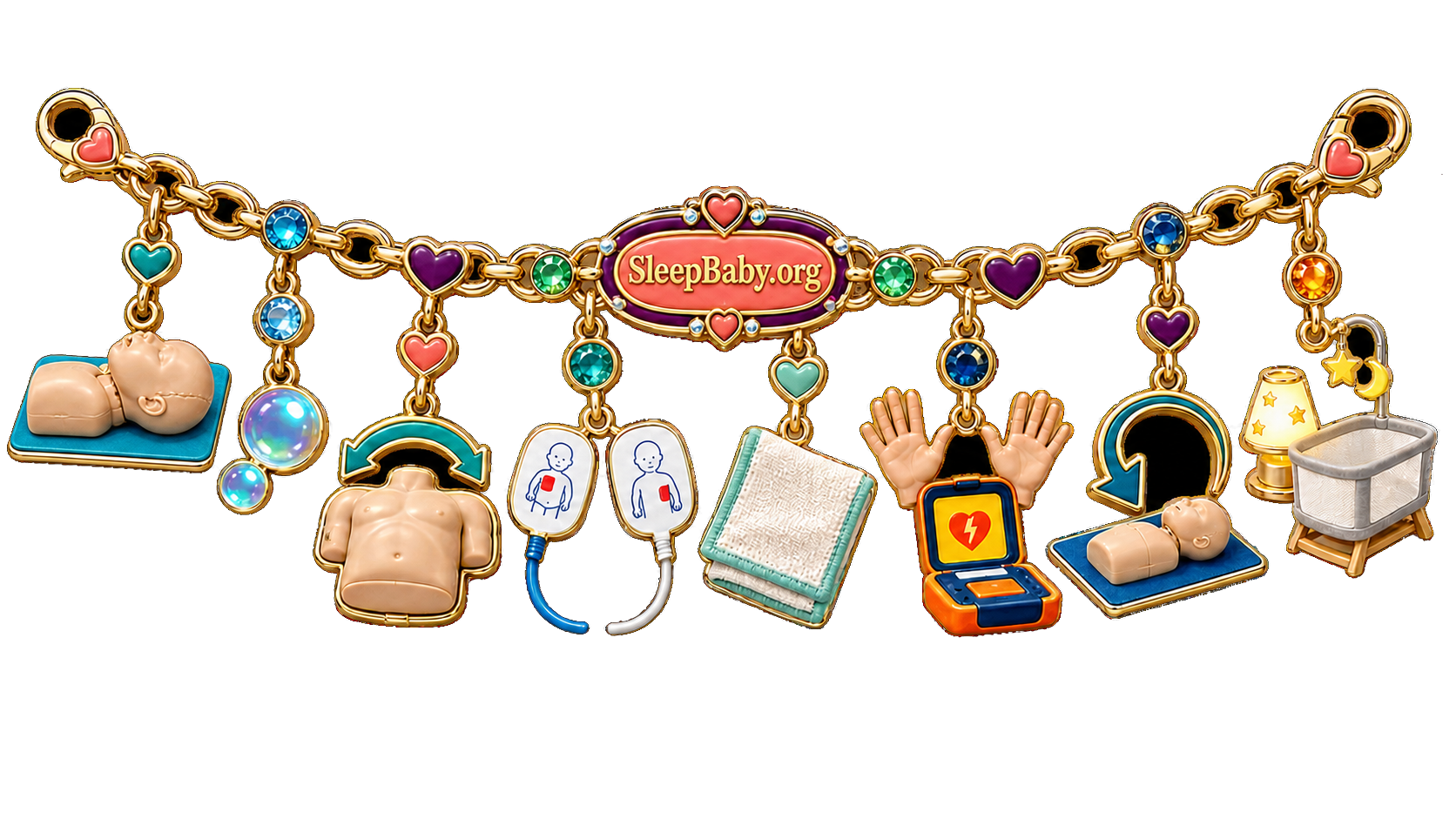 Jewelry charm ribbon showing a neutral airway, two breaths, chest-rise arc, AED pads, dry cloth, clear-hands cue, resume arrow, and nightlight.