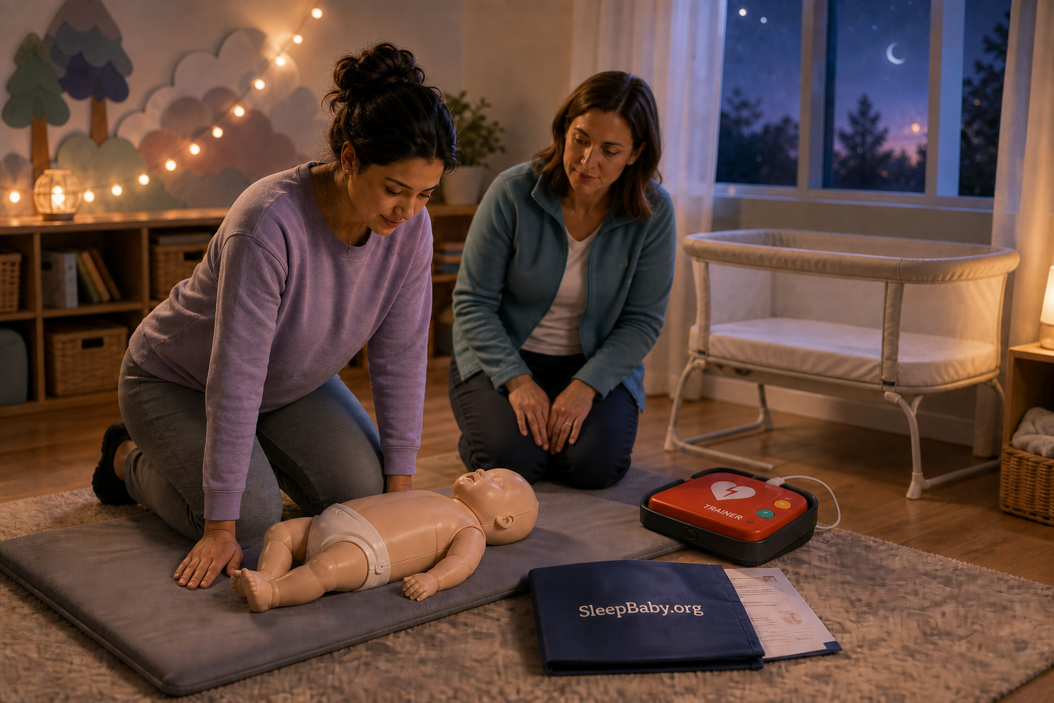 Caregiver prepares beside an infant CPR manikin while an instructor observes near an AED trainer in an evening class.
