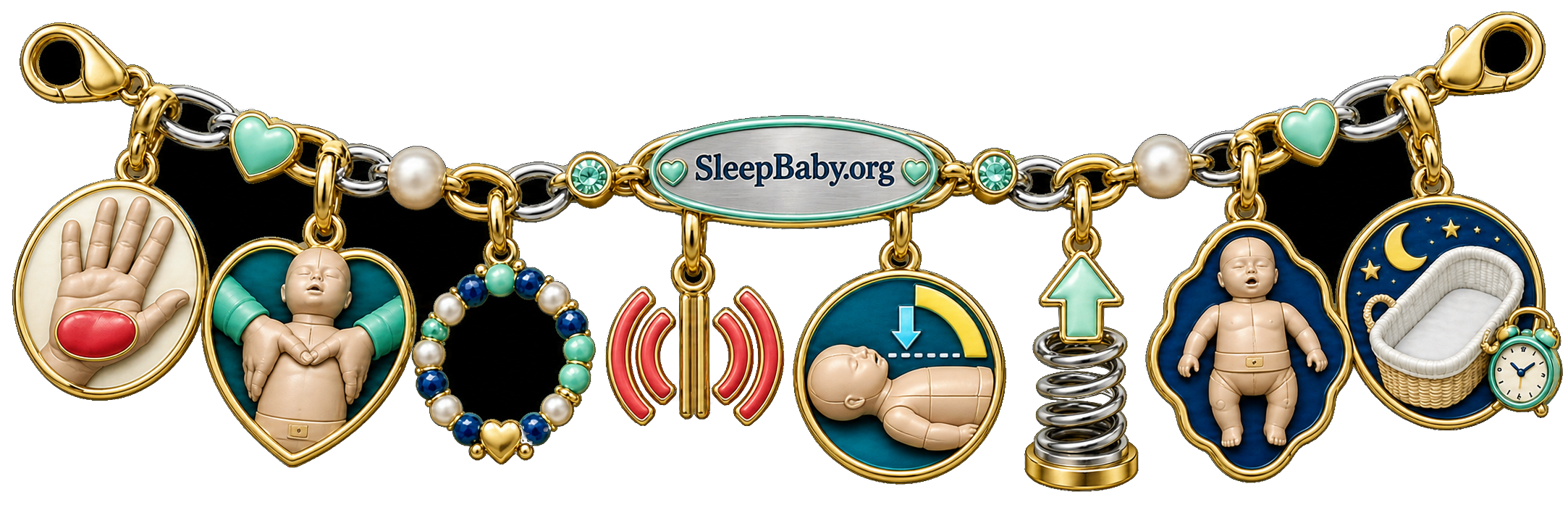 Jewelry charm ribbon showing one-hand and two-thumb positions, count beads, rhythm marks, depth arc, recoil spring, manikin, and empty bassinet.