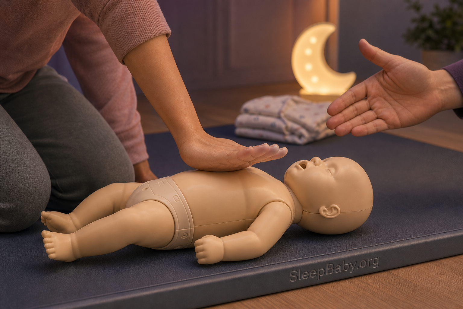 A caregiver aligns the heel of one hand over an infant CPR manikin's center chest while an instructor's open hand gestures nearby.