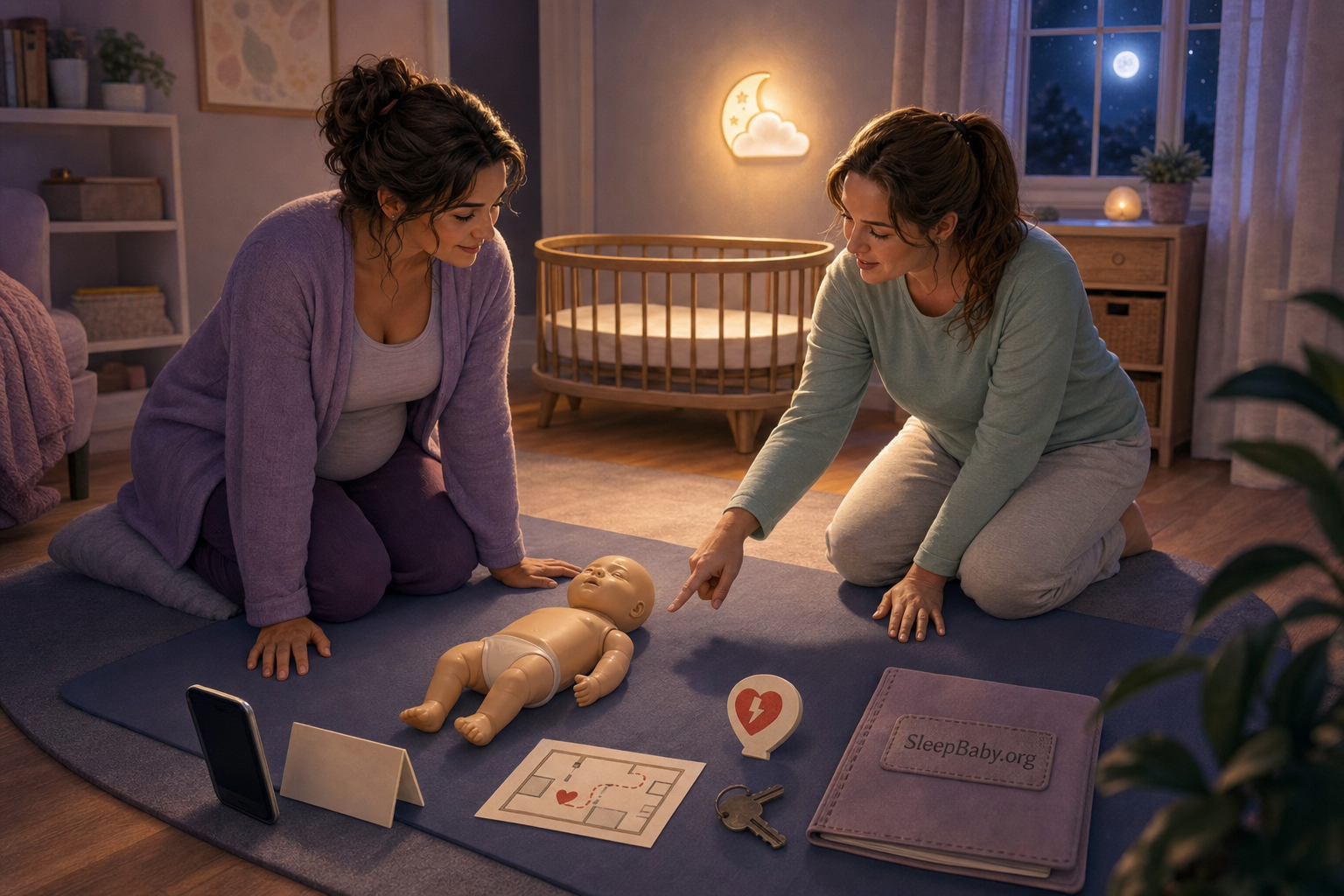 Two caregivers rehearse around an infant CPR manikin with a speakerphone, address card, and AED-location note beside an empty bassinet at night.