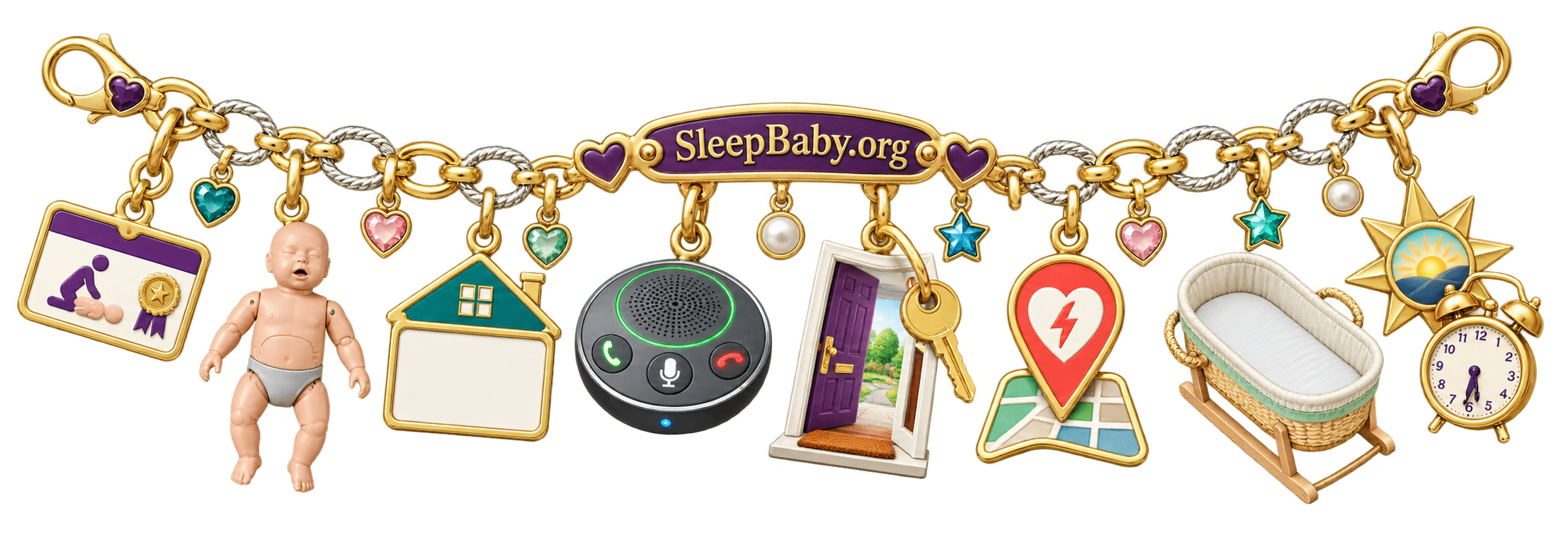 Jewelry charm ribbon showing a course card, manikin, blank address card, speakerphone, open door, AED pin, empty bassinet, and dawn star.
