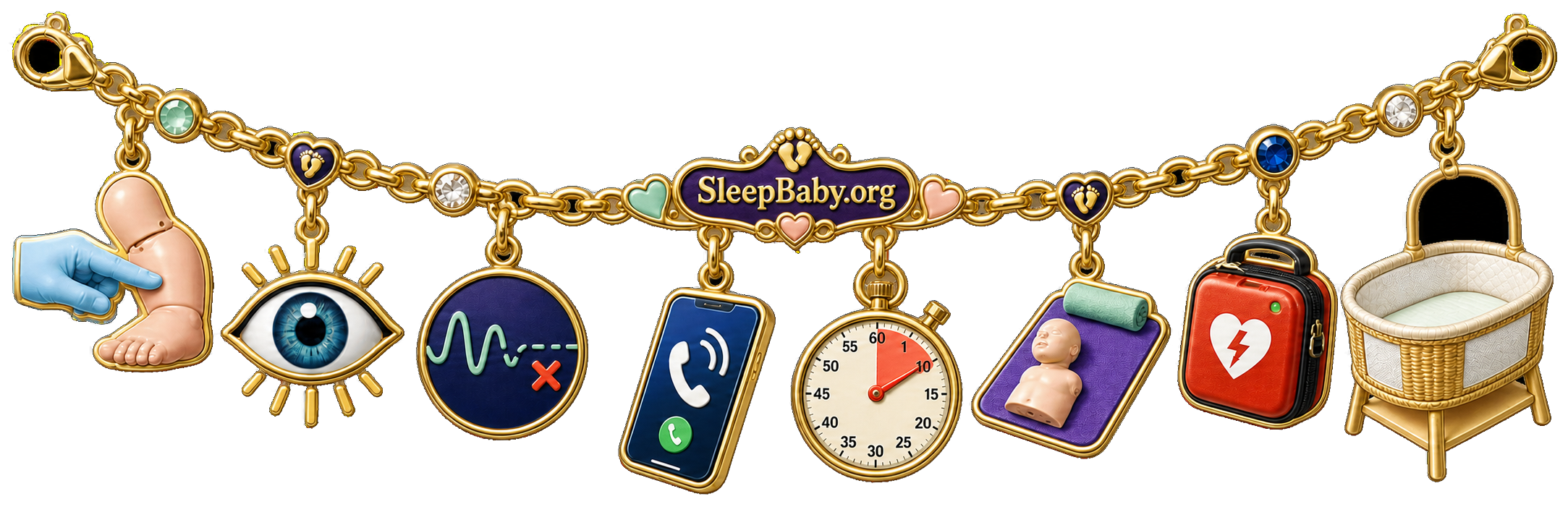 Jewelry charm ribbon showing a foot tap, response eye, breathing cue, speakerphone, clock, firm mat, AED case, and empty bassinet.