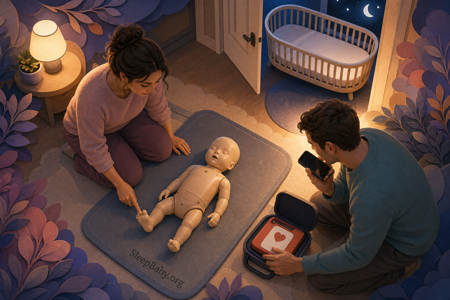 A caregiver taps an infant CPR manikin's foot on a firm mat while another adult uses speakerphone and reaches for an AED trainer.