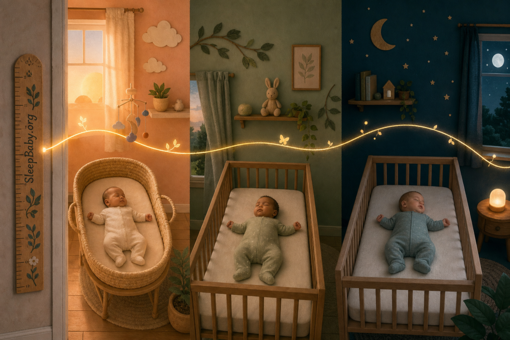 Three distinct safe sleep scenes at about 3, 6 and 12 months connected by a gently lengthening ribbon of light