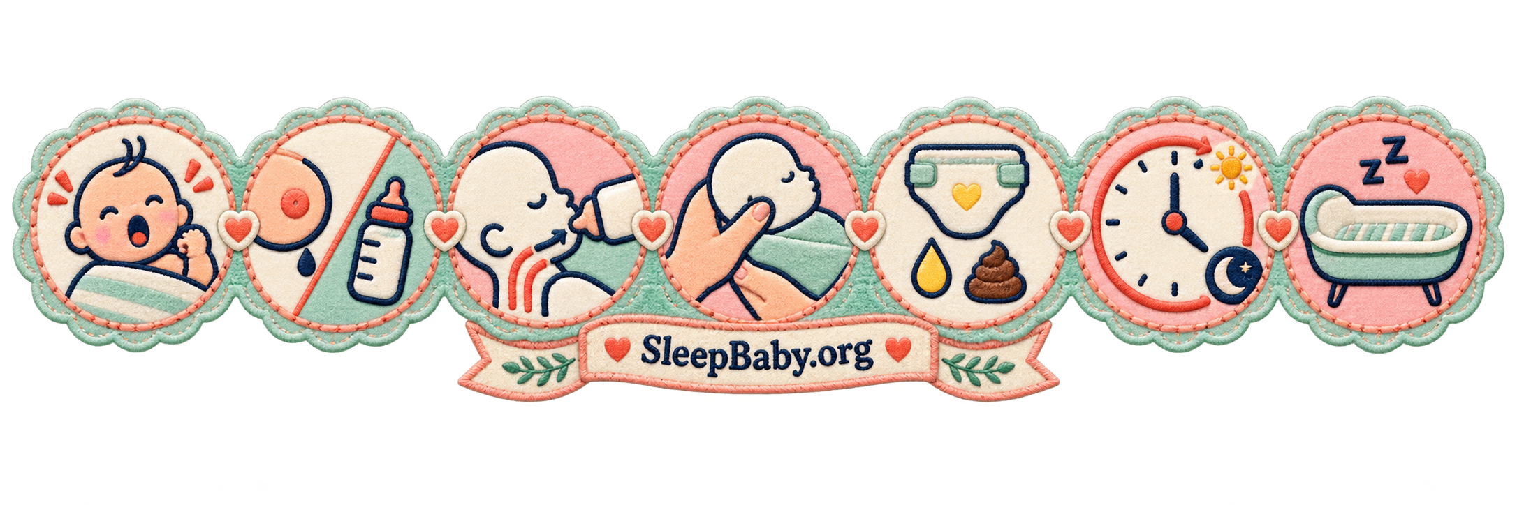 Scalloped feeding rail showing hunger cues, breast or bottle, active swallowing, support, output, timing, and a bassinet