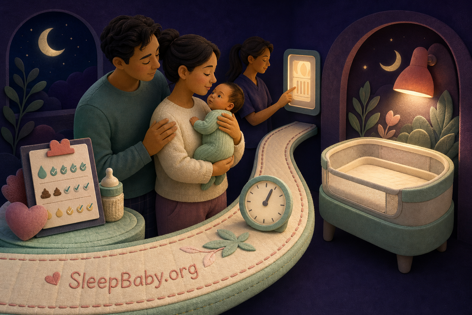 Illustrated parents carry an awake newborn along a nighttime care path from feeding and output checks toward an empty bassinet