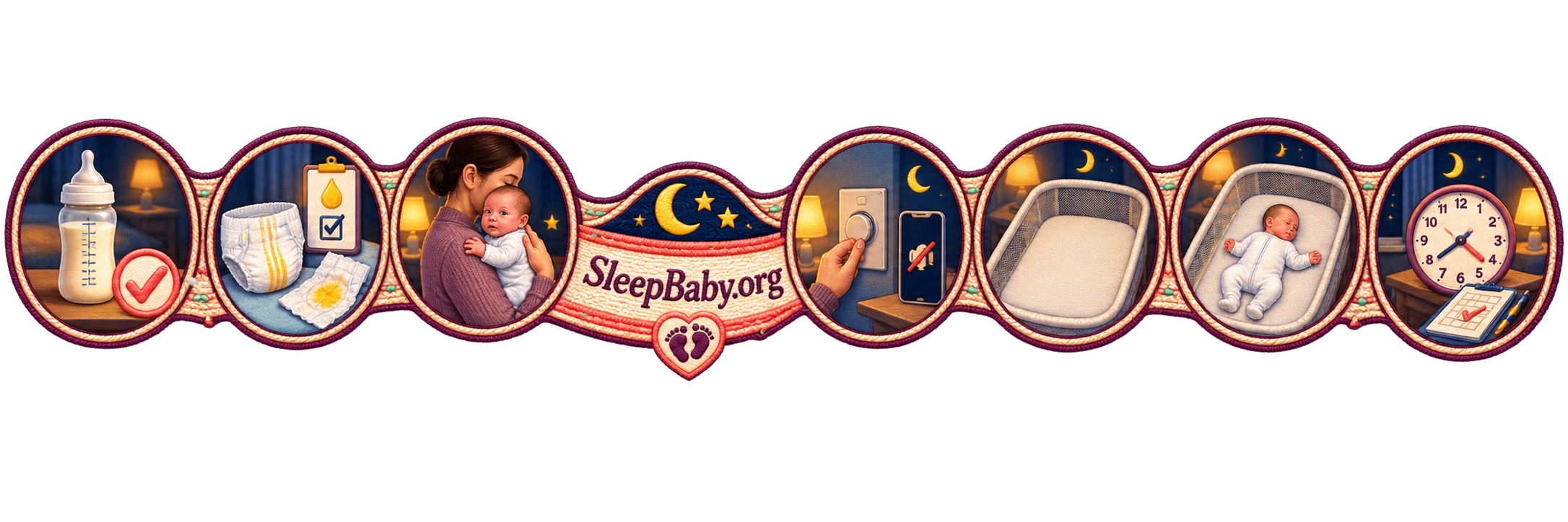 Woven return-to-sleep rail with completed bottle, diaper check, awake handoff, dimmer, empty bassinet, back sleep, and next-check clock