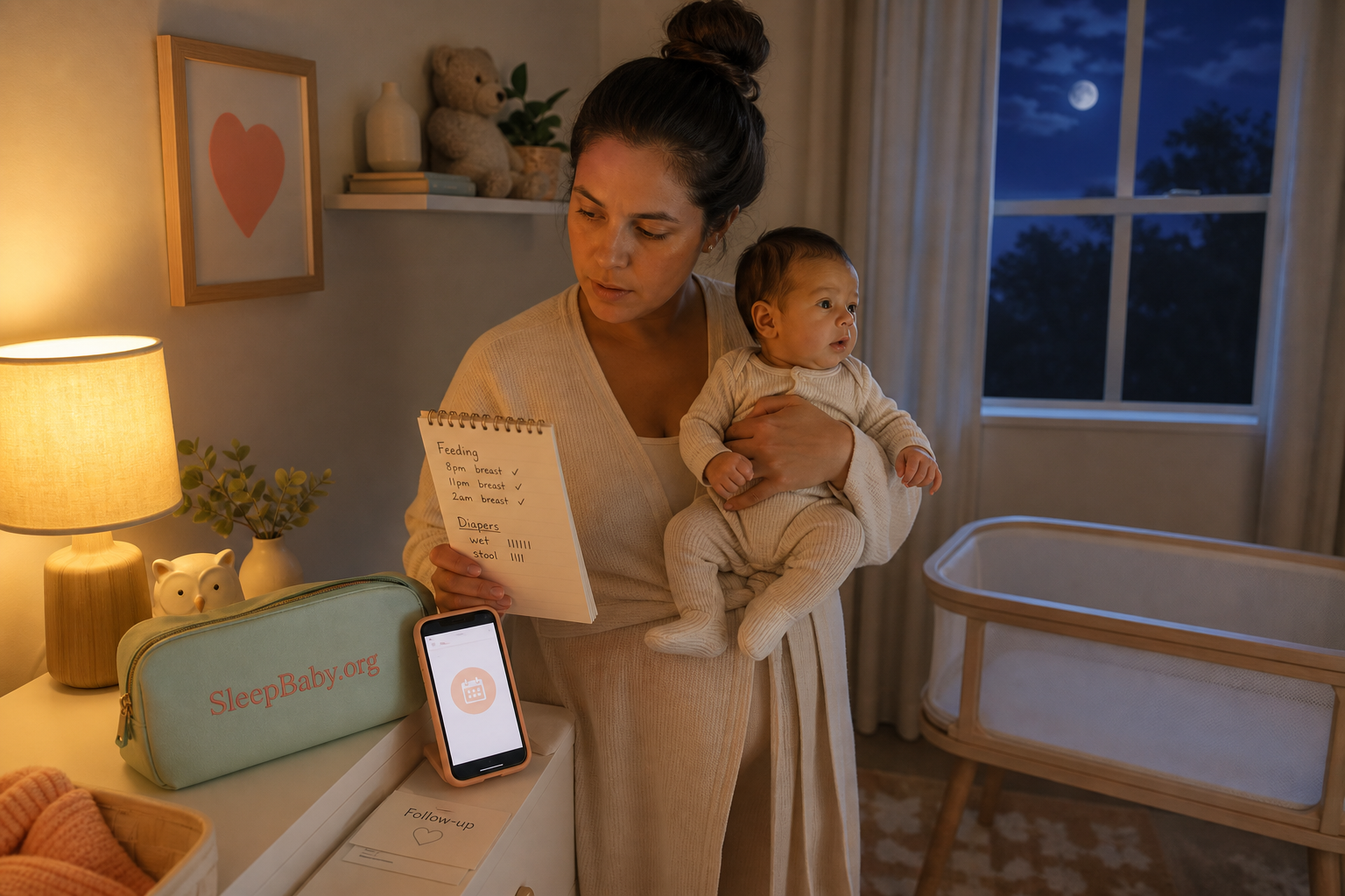 Caregiver holds an awake newborn beside feeding and diaper notes, a follow-up reminder, and an empty bassinet at night