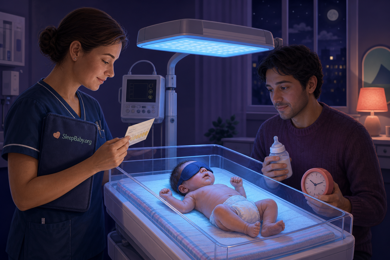 Newborn receives prescribed hospital phototherapy with eye protection while a nurse checks results and a parent waits for the feeding break