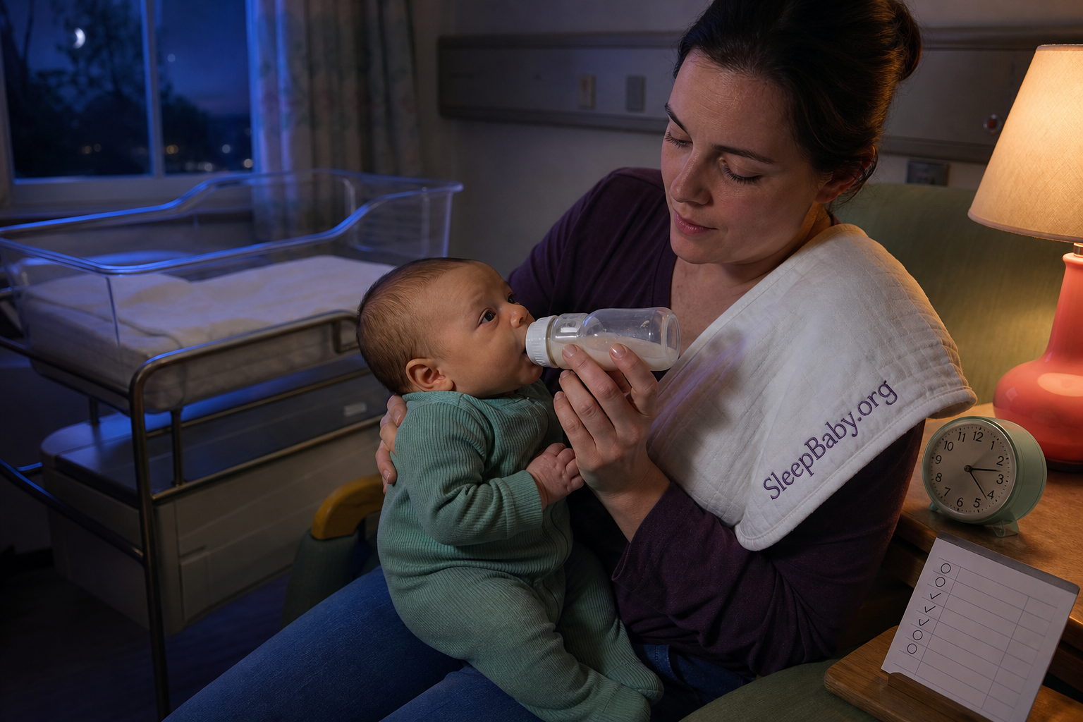 Caregiver gives an awake newborn a supported bottle feed beside a clock, output card, and empty bassinet at night
