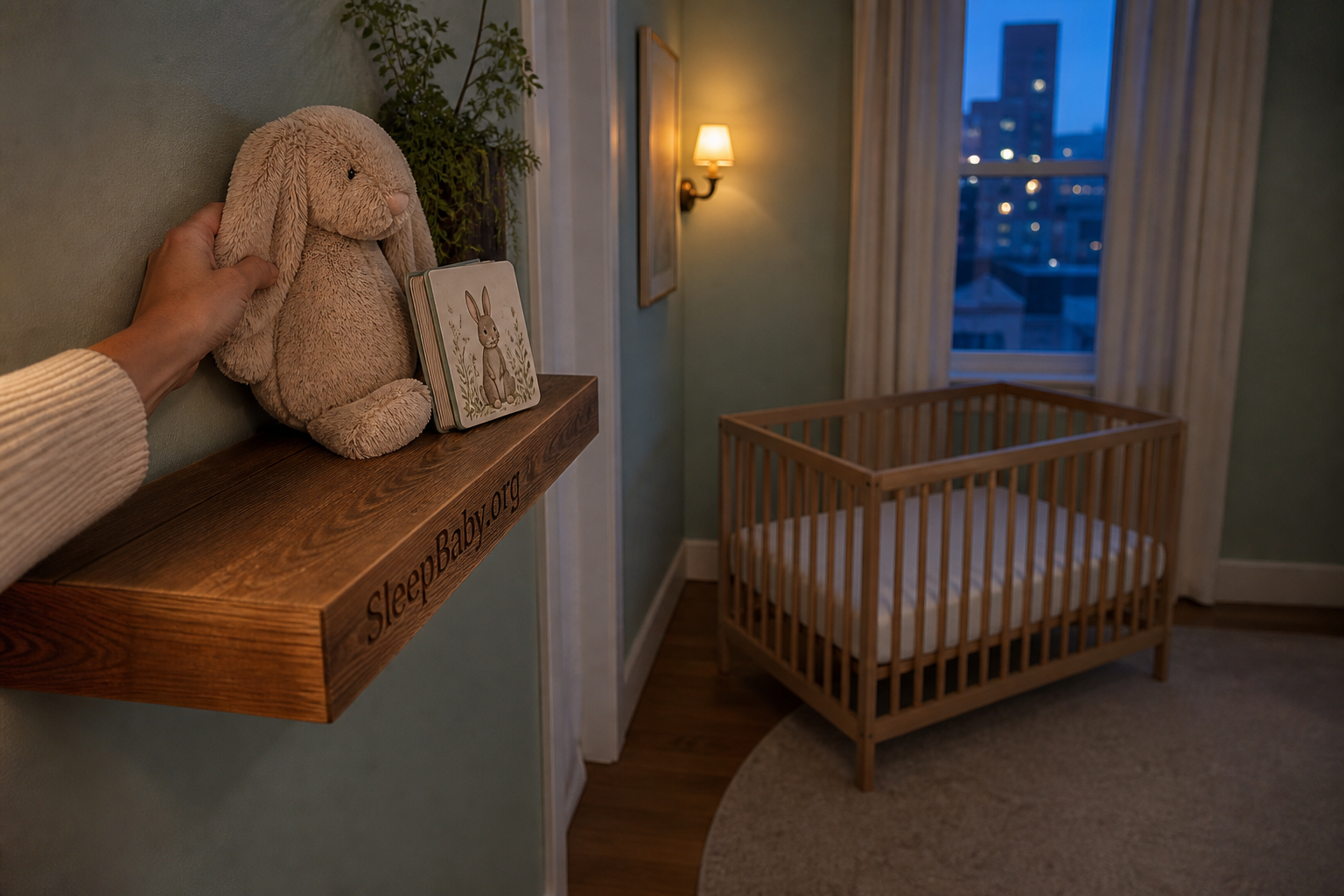 Caregiver places a bunny and board book on a distant shelf across from an empty crib