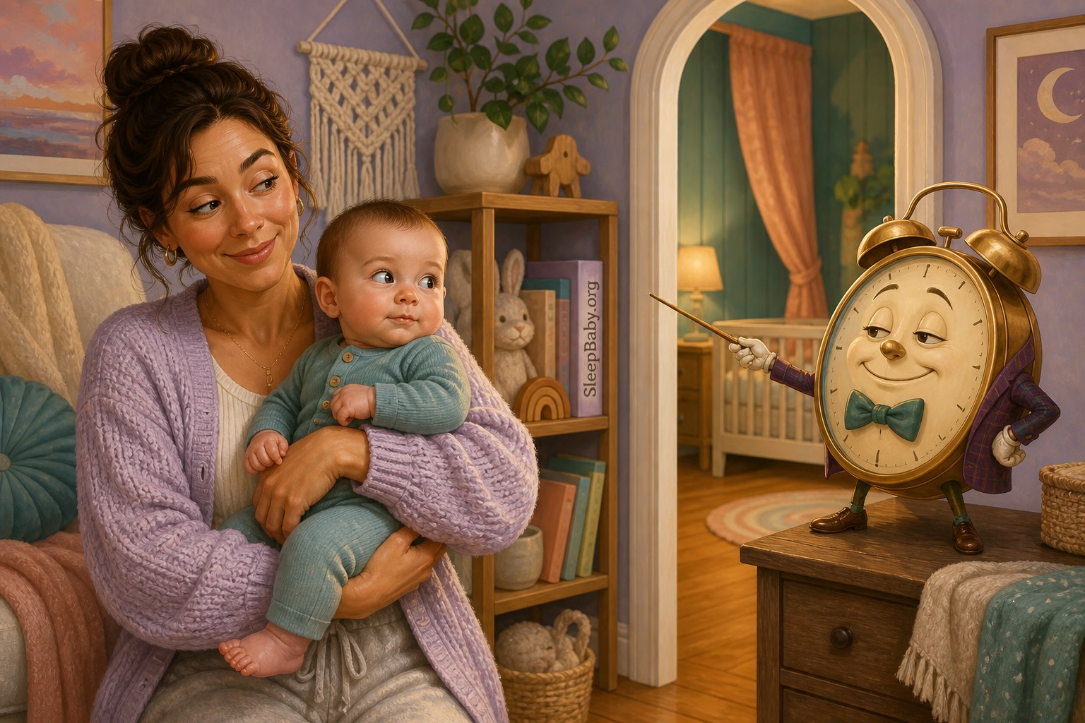 Illustrated Kacey holds alert baby Benjamin as both look skeptically at an overconfident alarm-clock guide beside a nursery doorway.
