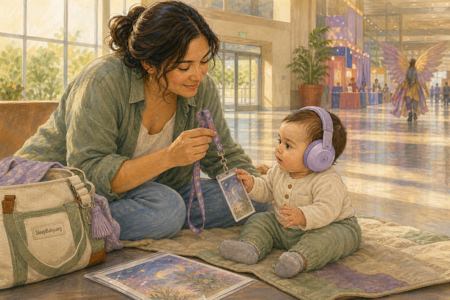 Illustrated mother Kacey sits with awake baby Benjamin in a quiet convention lobby while she holds a lanyard safely and one protected art print lies nearby.