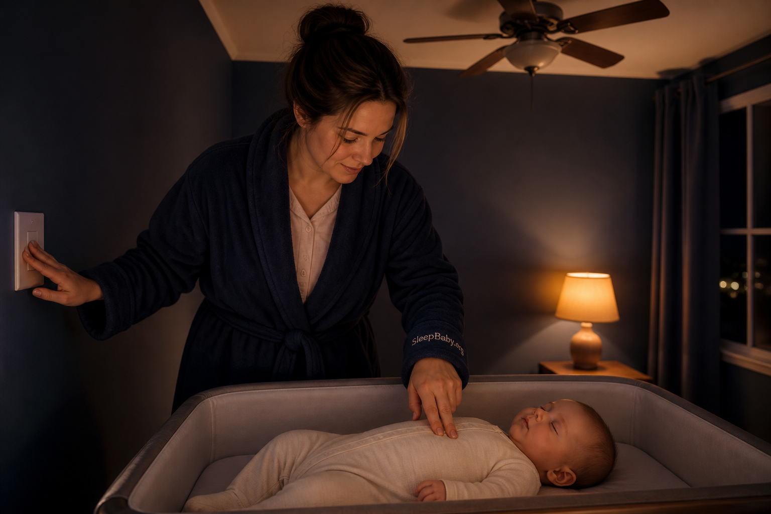 Caregiver checks her baby's chest while moving her hand away from the fan switch