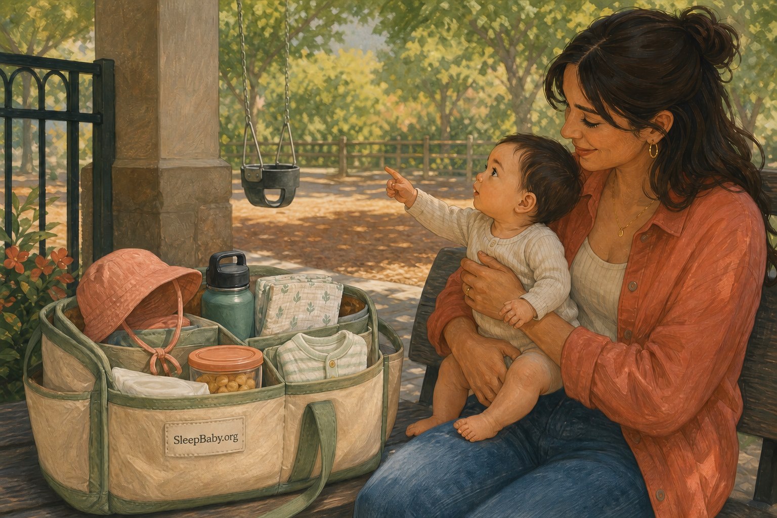 Illustrated Kacey holds baby Benjamin on a bench while he points toward a distant empty bucket swing beside an overprepared playground tote.