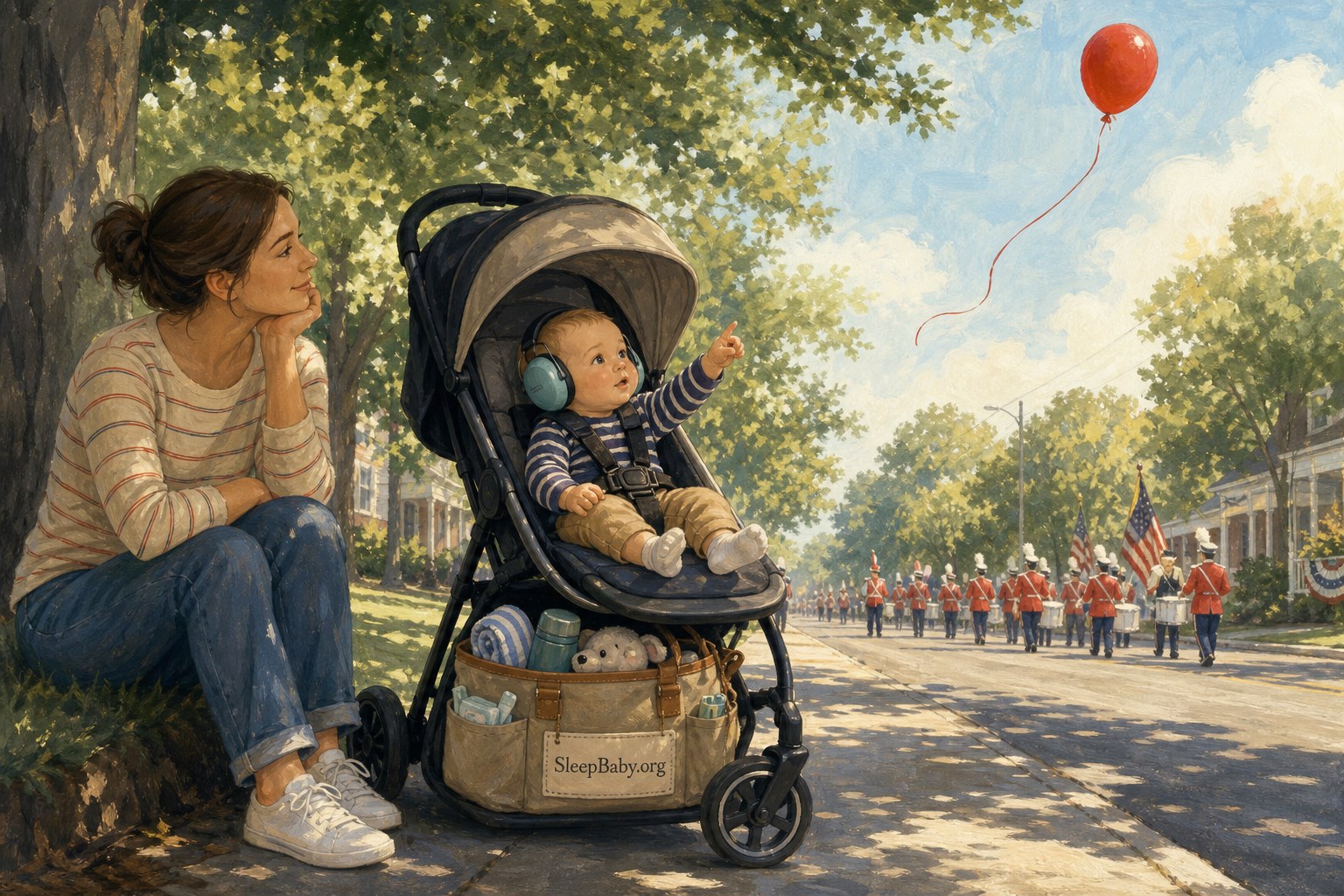Illustrated mother sits with awake baby Benjamin secured in a stroller and wearing hearing protection while he points at a safely distant red balloon.