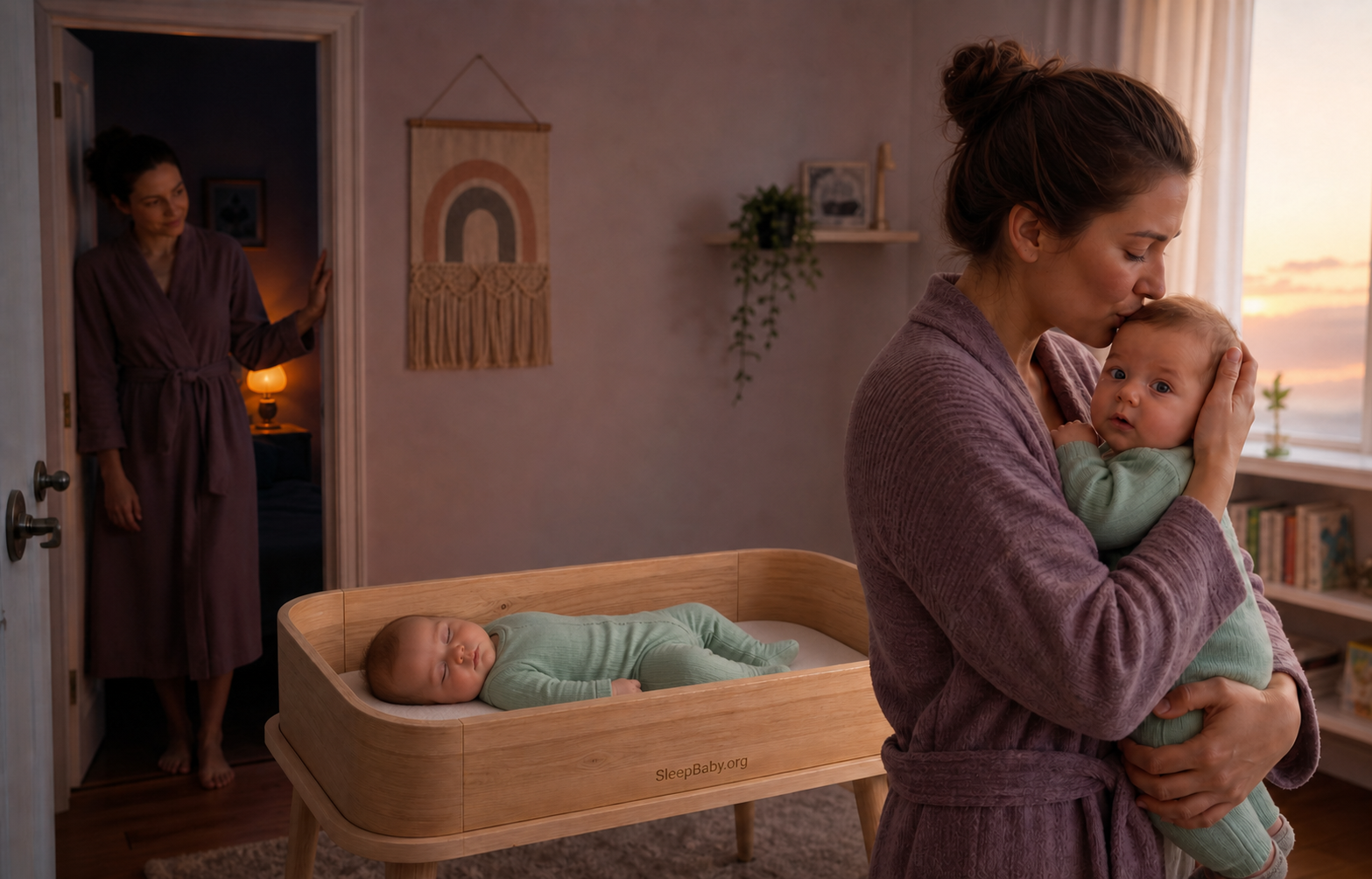 A protected night in an empty bassinet becomes an awake morning top-of-head kiss with the same caregiver beside the sleep space.