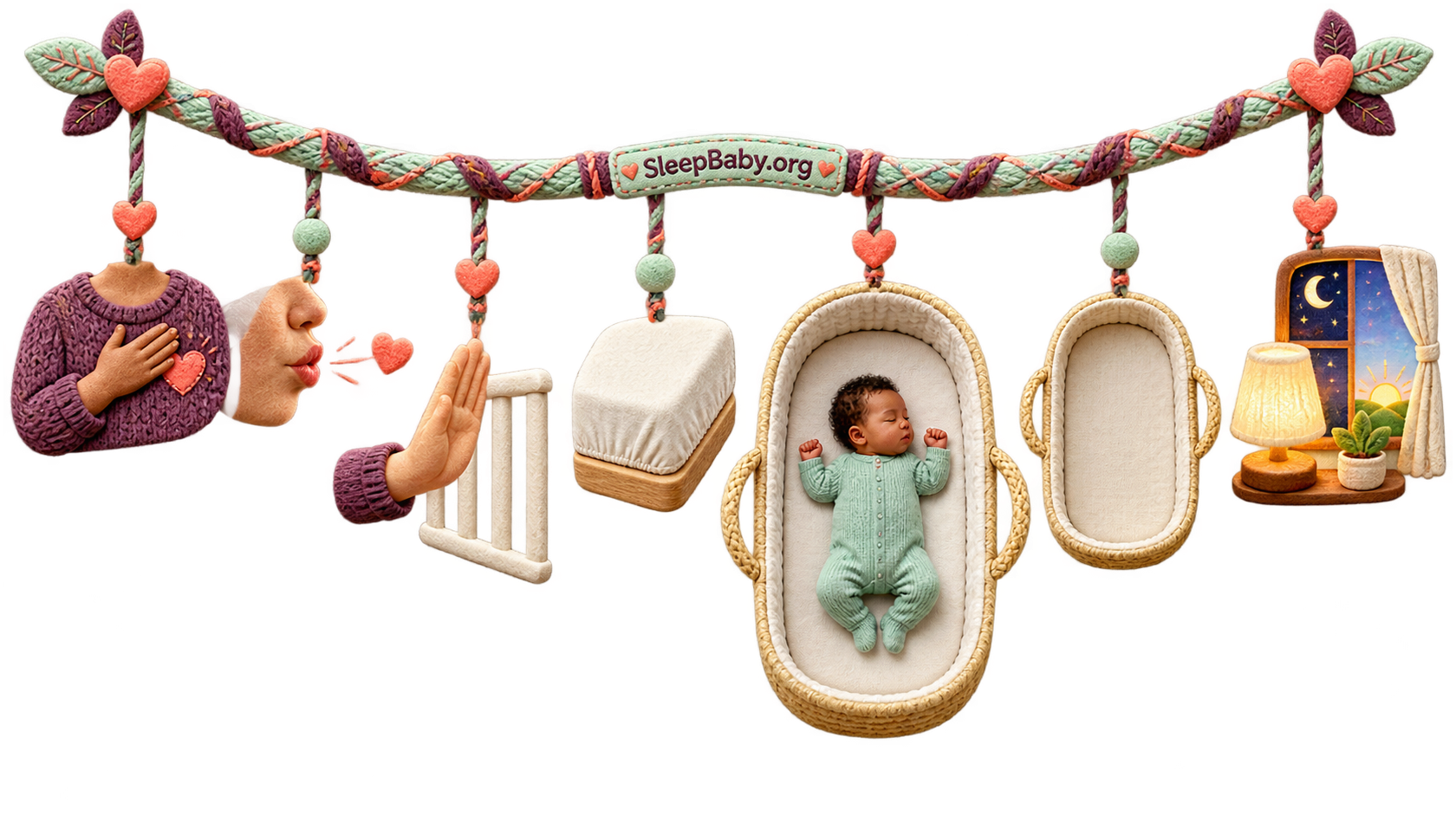 A transparent SleepBaby rail keeps a caregiver's affectionate goodnight outside while the infant rests on the back in a clear bassinet.