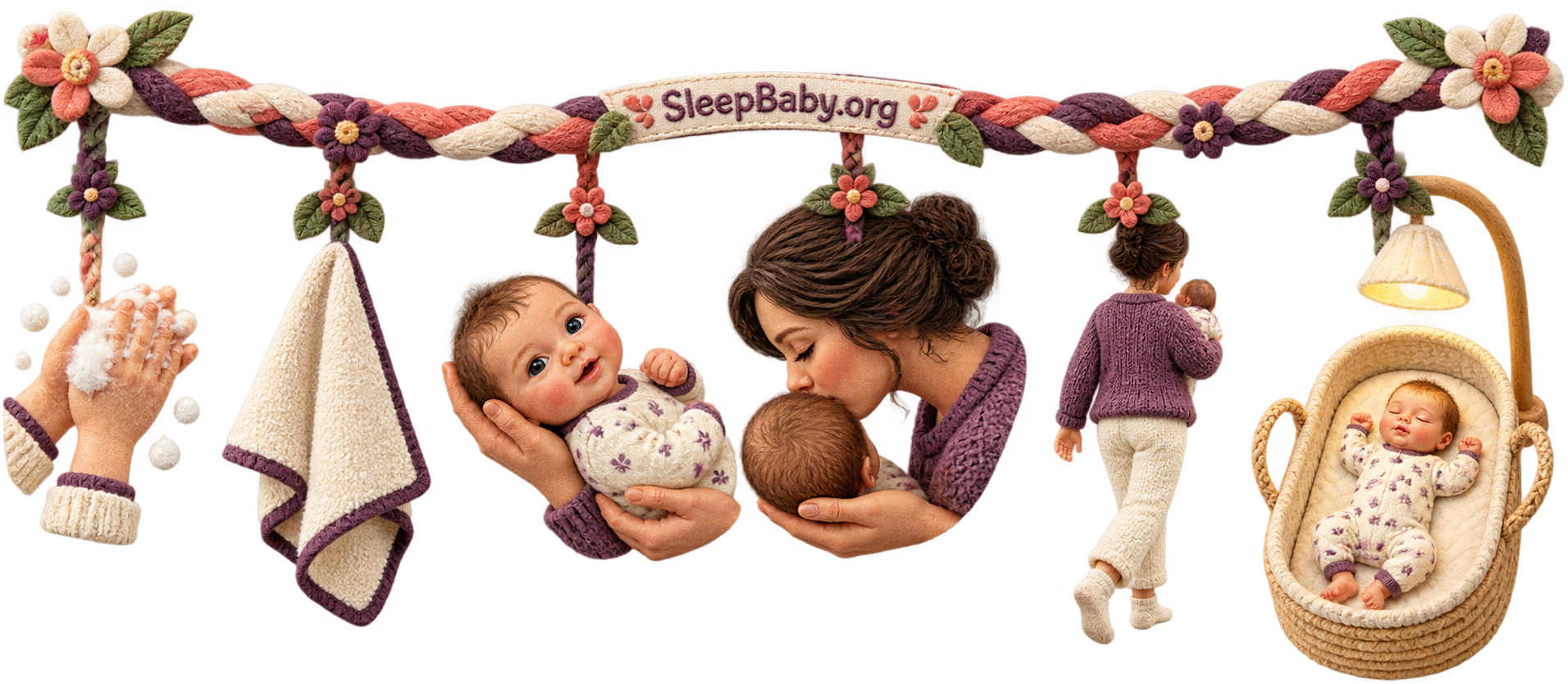 A freestanding teaching rail connects handwashing, an awake baby's top-of-head kiss, and the next sleep in a bare bassinet.