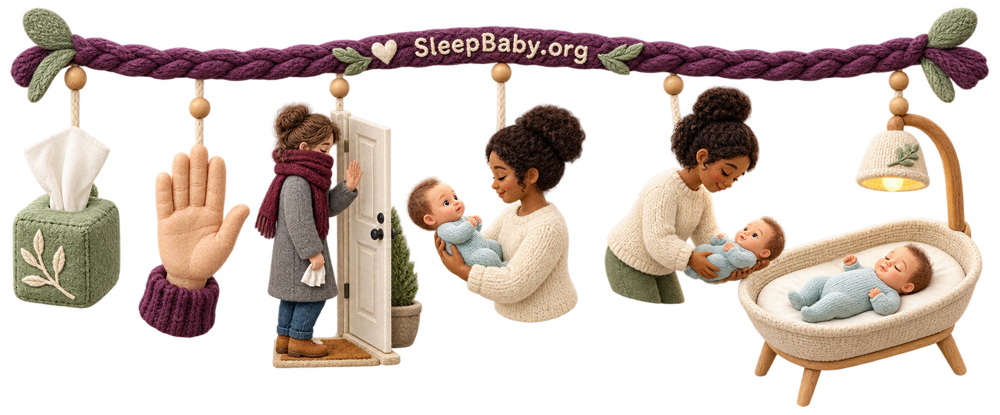 A calm illness-boundary rail keeps the unwell adult outside and carries nighttime care to a healthy caregiver and bare bassinet.
