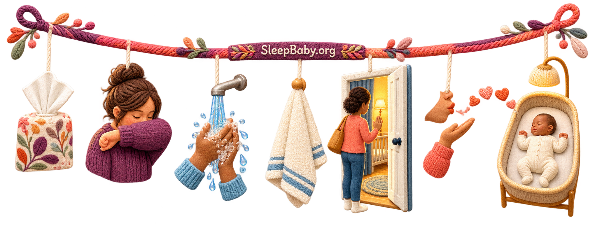 A transparent teaching rail moves from clean hands and a cough pause to protected back sleep in a completely bare bassinet.