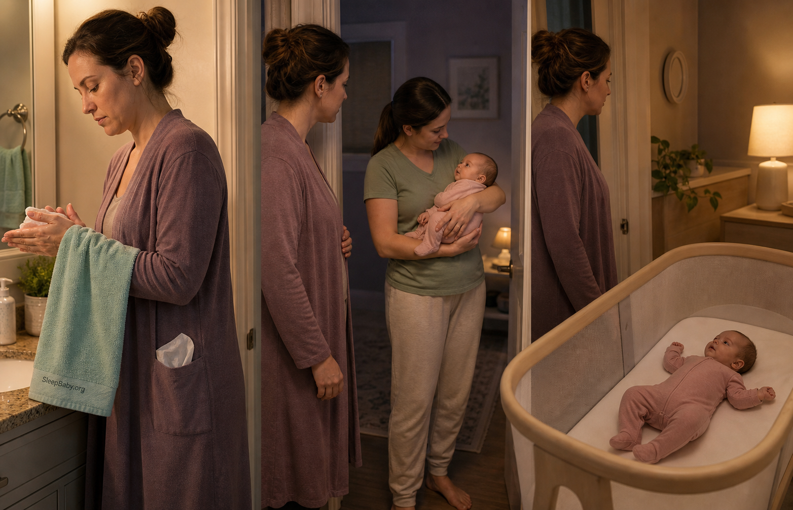 Three nighttime moments connect clean hands, a vulnerable-baby doorway check, and a safe back-sleep handoff in a bare bassinet.
