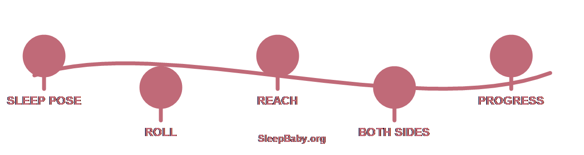 Teaching ribbon connecting a sleep snapshot with awake rolling, reaching, symmetry, and developmental progress
