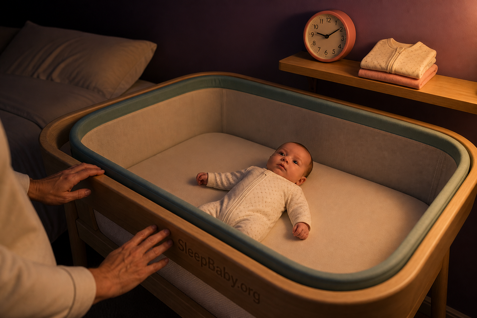 Caregiver hands remain outside the rail as an awake baby rests supine in a clear bassinet.