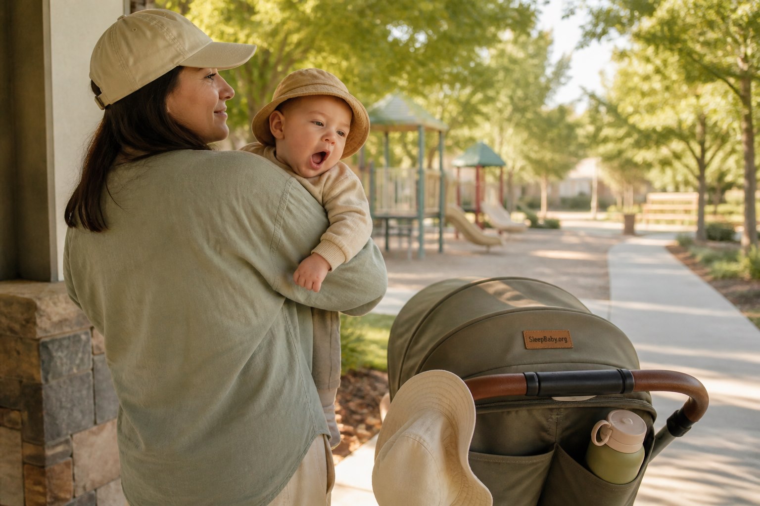 Caregiver holds a pleasantly tired but awake yawning baby near a ready stroller at the shaded playground exit.